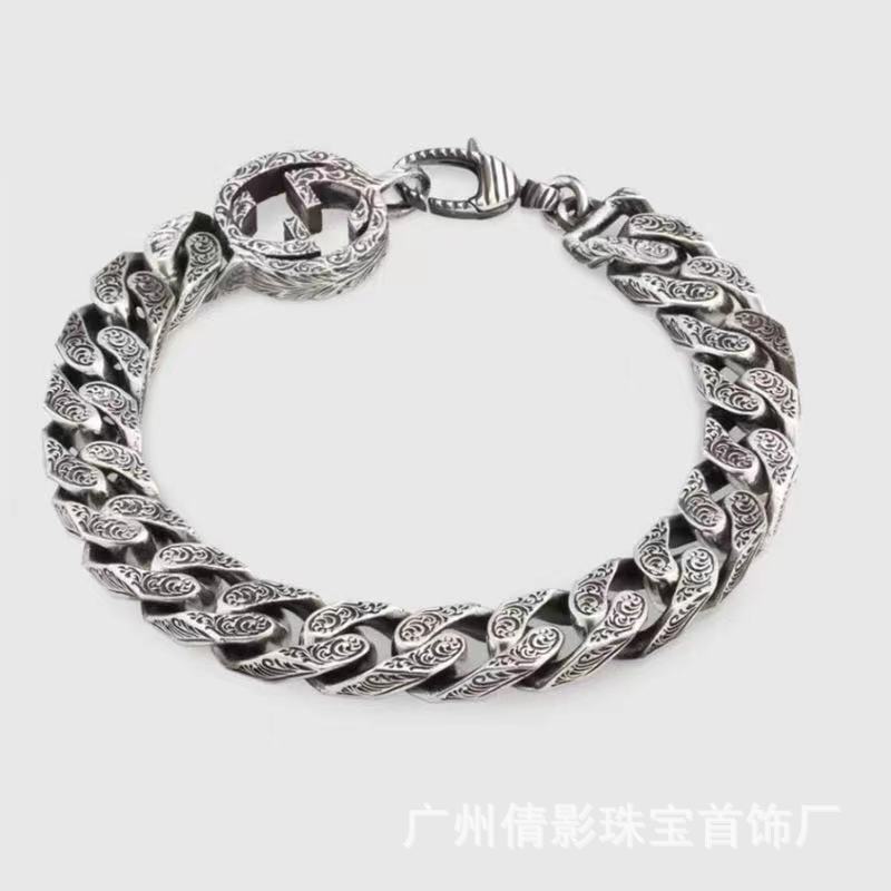 Gujia Double G Carved Bracelet S925 Silver Vintage Distressed Double G Mutual Buckle Bracelet Men and Women Skull Elf