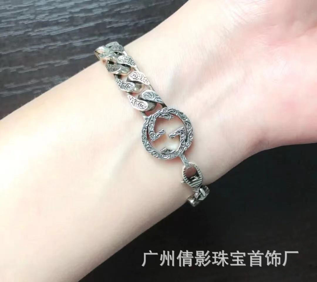 Gujia Double G Carved Bracelet S925 Silver Vintage Distressed Double G Mutual Buckle Bracelet Men and Women Skull Elf