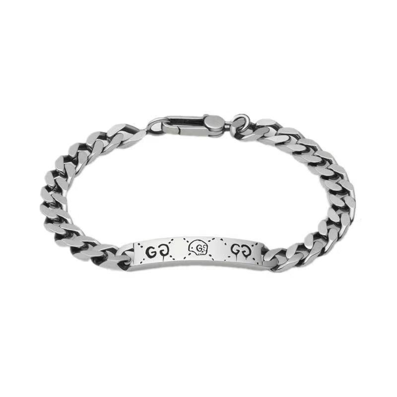 Gujia Double G Carved Bracelet S925 Silver Vintage Distressed Double G Mutual Buckle Bracelet Men and Women Skull Elf