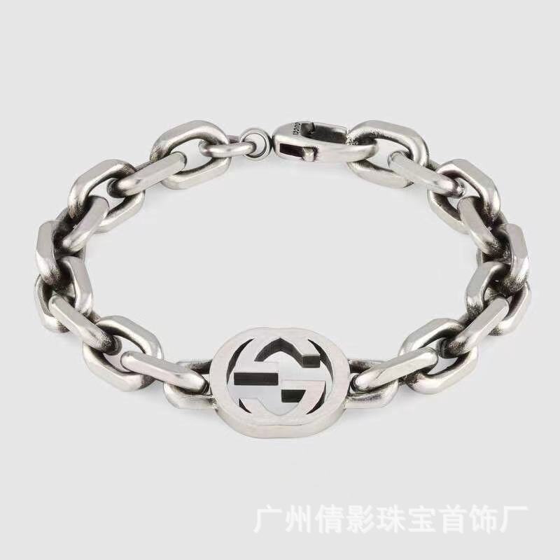 Gujia Double G Carved Bracelet S925 Silver Vintage Distressed Double G Mutual Buckle Bracelet Men and Women Skull Elf