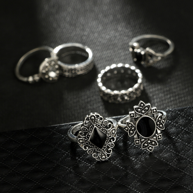 Cross-Border Ornament 15-Piece Ring Cool Fashion Hollow Lotus Sunflower Geometric Black Gem Set Ring