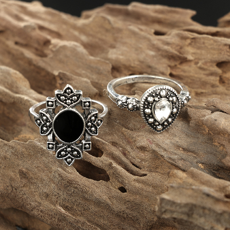 Cross-Border Ornament 15-Piece Ring Cool Fashion Hollow Lotus Sunflower Geometric Black Gem Set Ring Cross-Border Ornament 15-Piece Ring Cool Fashion Hollow Lotus Sunflower Geometric Black Gem Set Ring