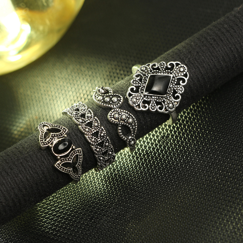 Cross-Border Ornament 15-Piece Ring Cool Fashion Hollow Lotus Sunflower Geometric Black Gem Set Ring Cross-Border Ornament 15-Piece Ring Cool Fashion Hollow Lotus Sunflower Geometric Black Gem Set Ring