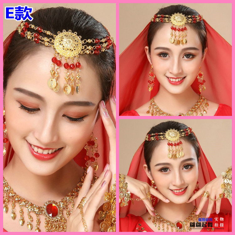 Dance Performance Accessories Headdress Belly Dance Veil Necklace Earring Bracelet Hanging Coin Gem Red Bead Head Chain