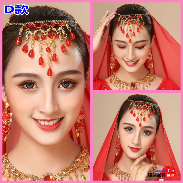 Dance Performance Accessories Headdress Belly Dance Veil Necklace Earring Bracelet Hanging Coin Gem Red Bead Head Chain