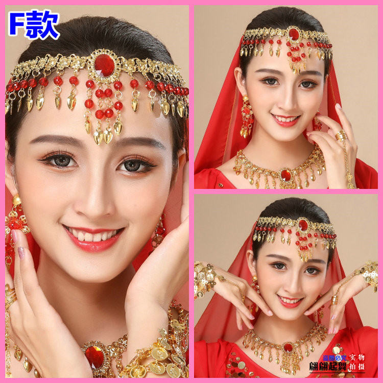 Dance Performance Accessories Headdress Belly Dance Veil Necklace Earring Bracelet Hanging Coin Gem Red Bead Head Chain