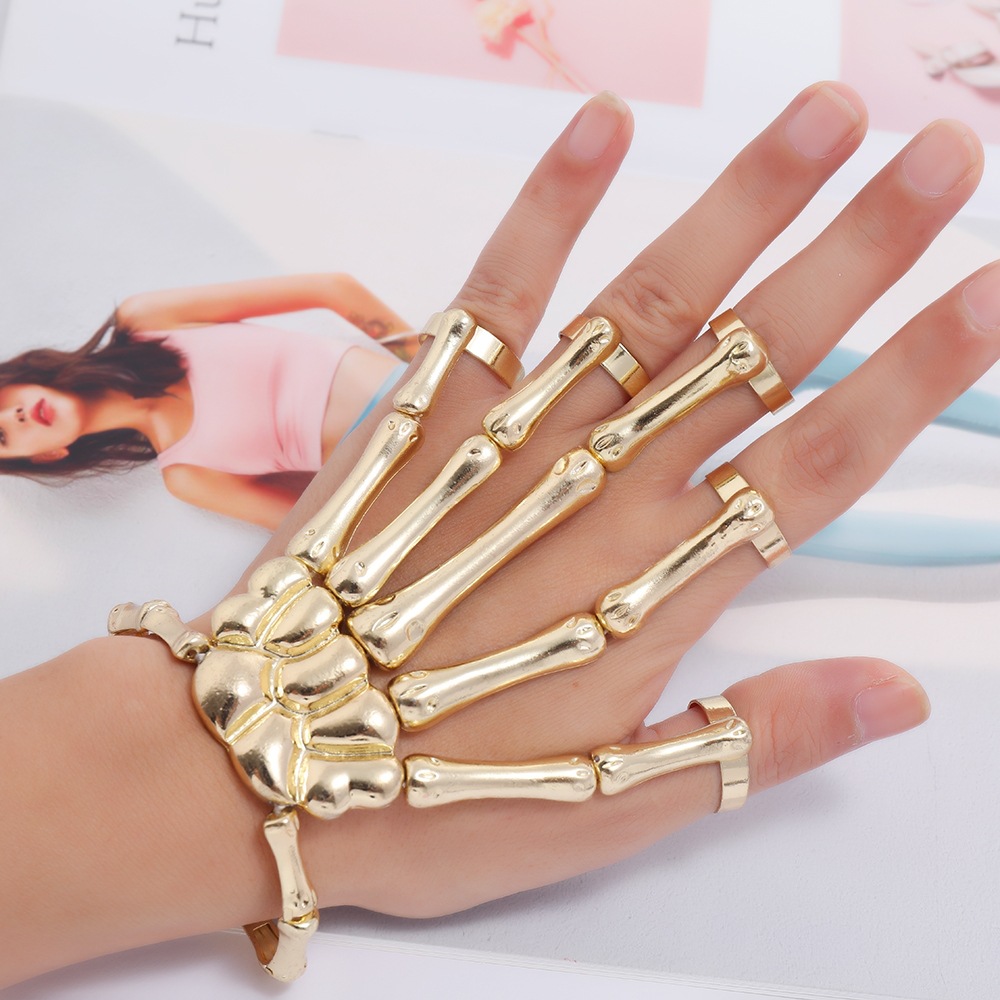 European and American New Bracelet Fashion Personality Punk Skull Hand Bone All-Match Five Finger Ring Bracelet Adjustable Integrated Chain