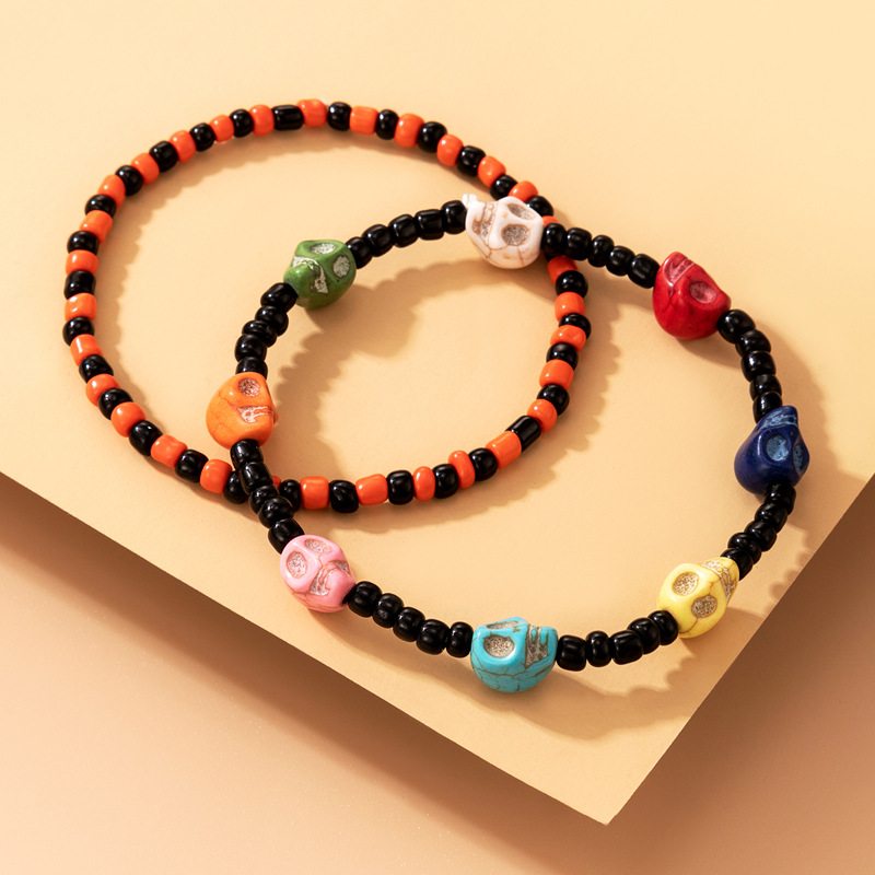 Amazon Cross-Border 2021 New Bracelet Halloween Skull Color Bead Elastic String Personalized Bracelet