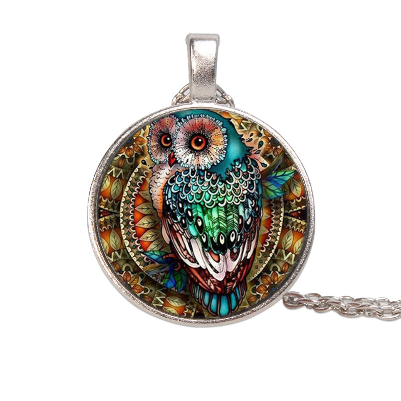 Foreign Trade Hot Sale Painted Owl Time Gem Cabochon Necklace, Fashion Owl Necklace Wholesale