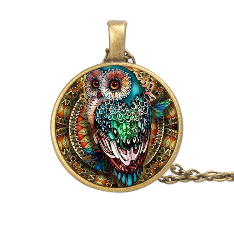 Foreign Trade Hot Sale Painted Owl Time Gem Cabochon Necklace, Fashion Owl Necklace Wholesale