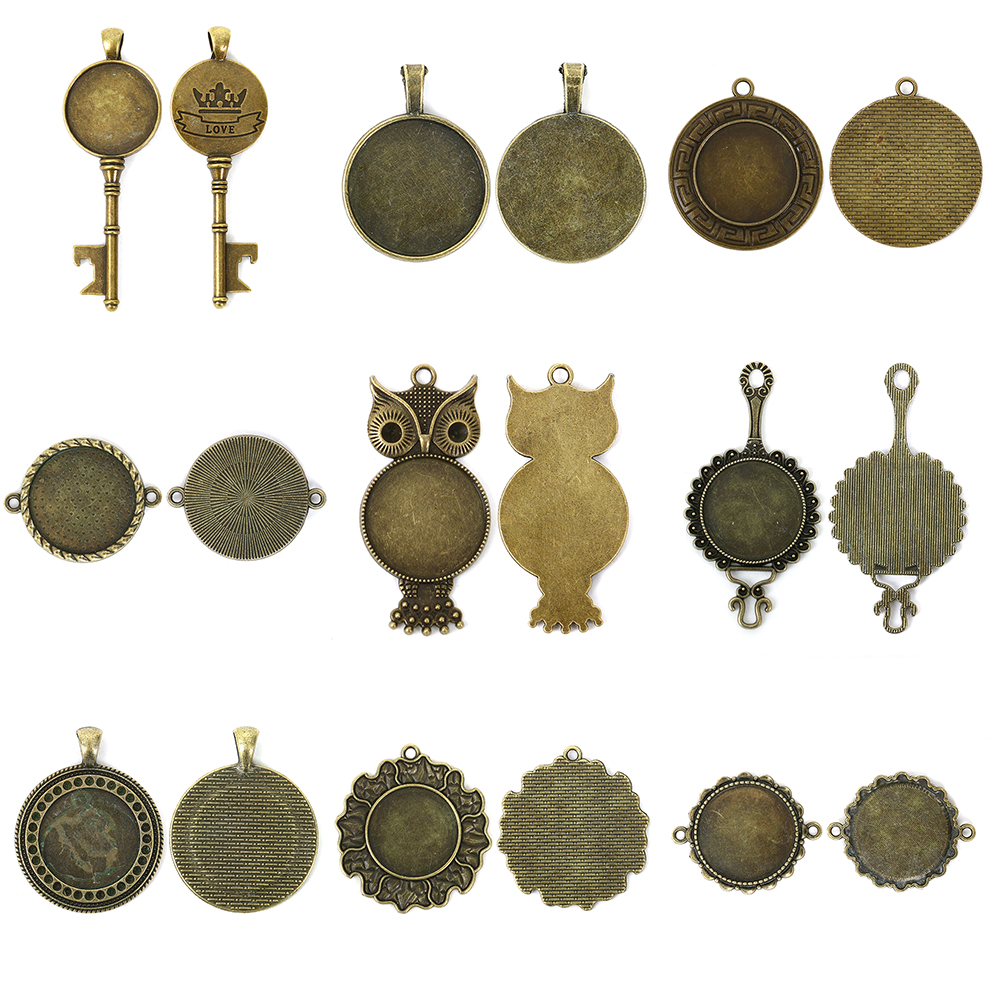 DIY Ornament Accessories round Time Gem Cabochon Necklace Pendant Collet Key Owl Shape Alloy Base