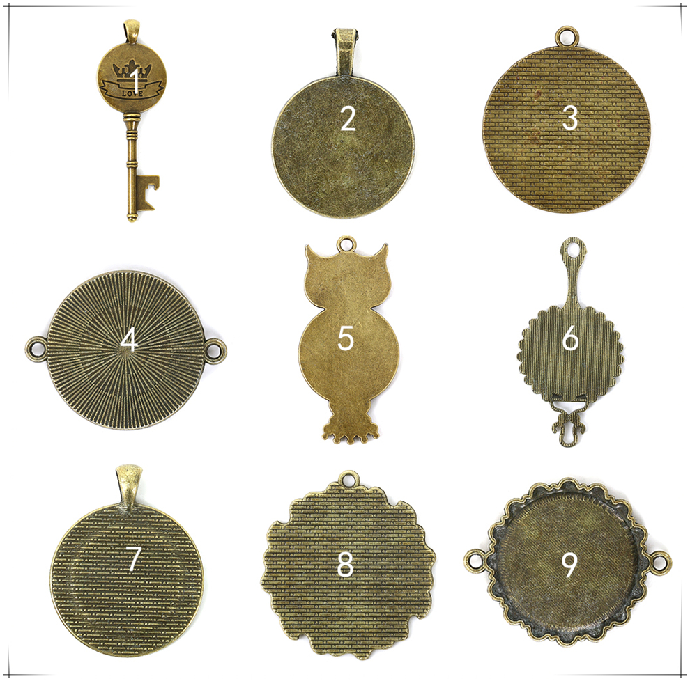 DIY Ornament Accessories round Time Gem Cabochon Necklace Pendant Collet Key Owl Shape Alloy Base