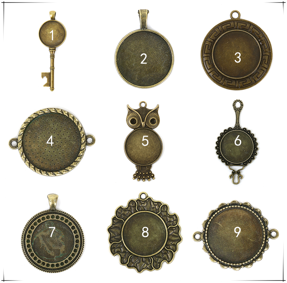 DIY Ornament Accessories round Time Gem Cabochon Necklace Pendant Collet Key Owl Shape Alloy Base