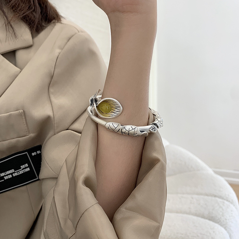 925 Sterling Silver Vintage Distressed Bracelet Female Ethnic Style Niche Design Light Luxury Temperament Open Adjustable Bracelet