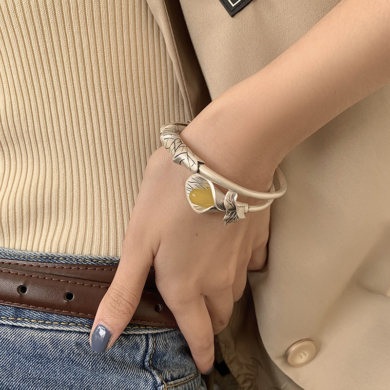 925 Sterling Silver Vintage Distressed Bracelet Female Ethnic Style Niche Design Light Luxury Temperament Open Adjustable Bracelet