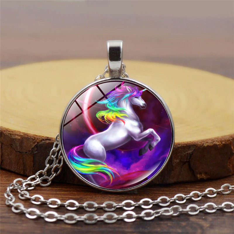 Cross-Border New Pegasus Unicorn Time Gem Cabochon Necklace European and American Silver Pendant Clavicle Chain Jewelry Wholesale