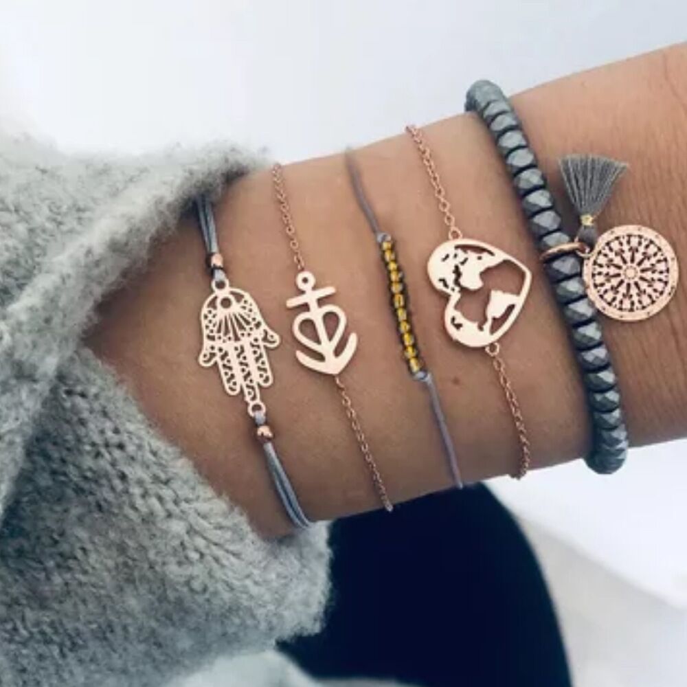 Cross-Border New Arrival Bracelet Simple Personality Diamond Ethnic Style 7-Piece Bracelet Graceful and Fashionable Pendant Women&#039;s Bracelet