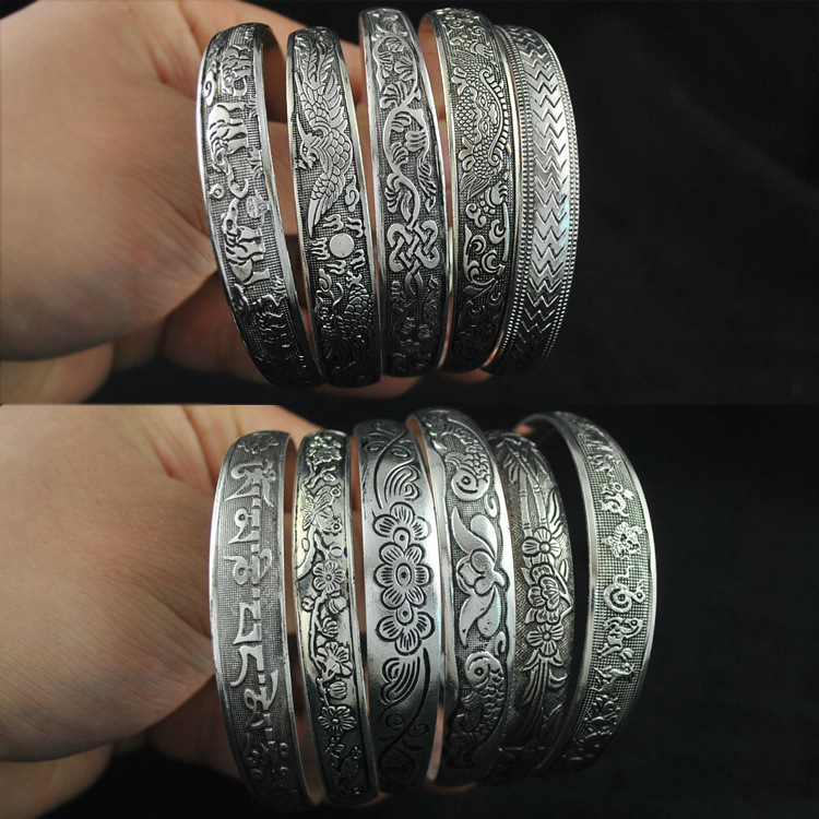 Tibetan Silver Bracelet Miao Silver Jewelry Vintage Engraving Open Women&#039;s Bracelet Carving Dragon and Phoenix Stall Wholesale Supply Ethnic Style Jewelry