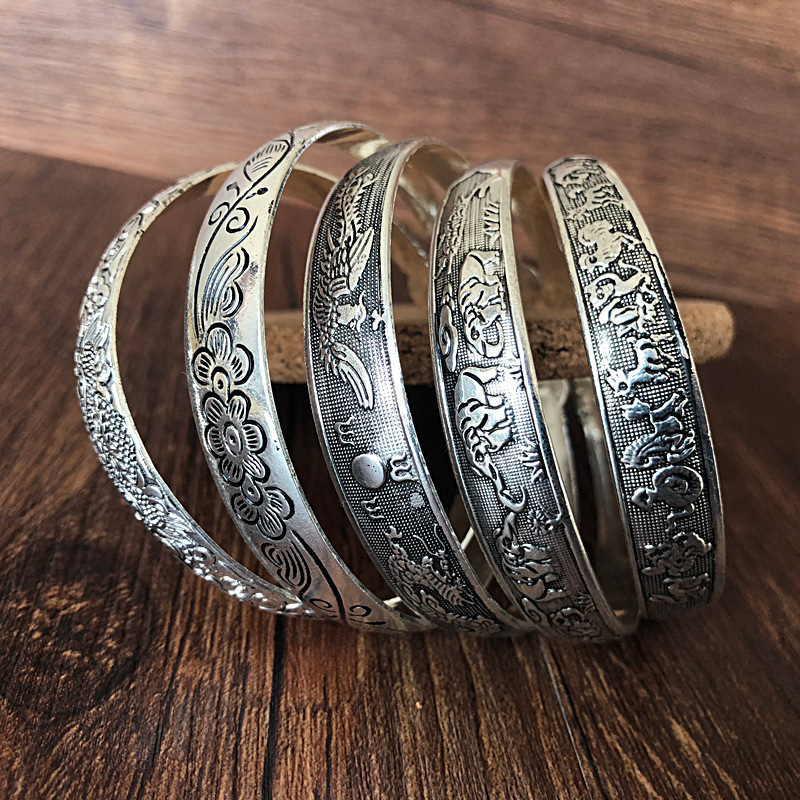 Tibetan Silver Bracelet Miao Silver Jewelry Vintage Engraving Open Women&#039;s Bracelet Carving Dragon and Phoenix Stall Wholesale Supply Ethnic Style Jewelry