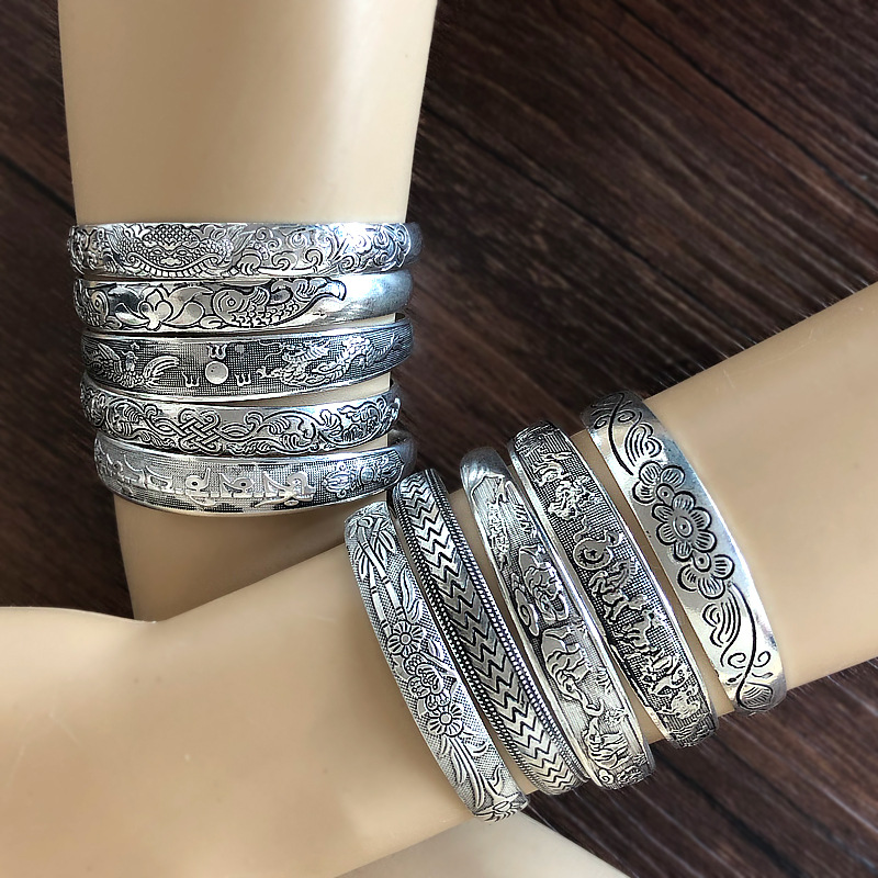 Tibetan Silver Bracelet Miao Silver Jewelry Vintage Engraving Open Women&#039;s Bracelet Carving Dragon and Phoenix Stall Wholesale Supply Ethnic Style Jewelry