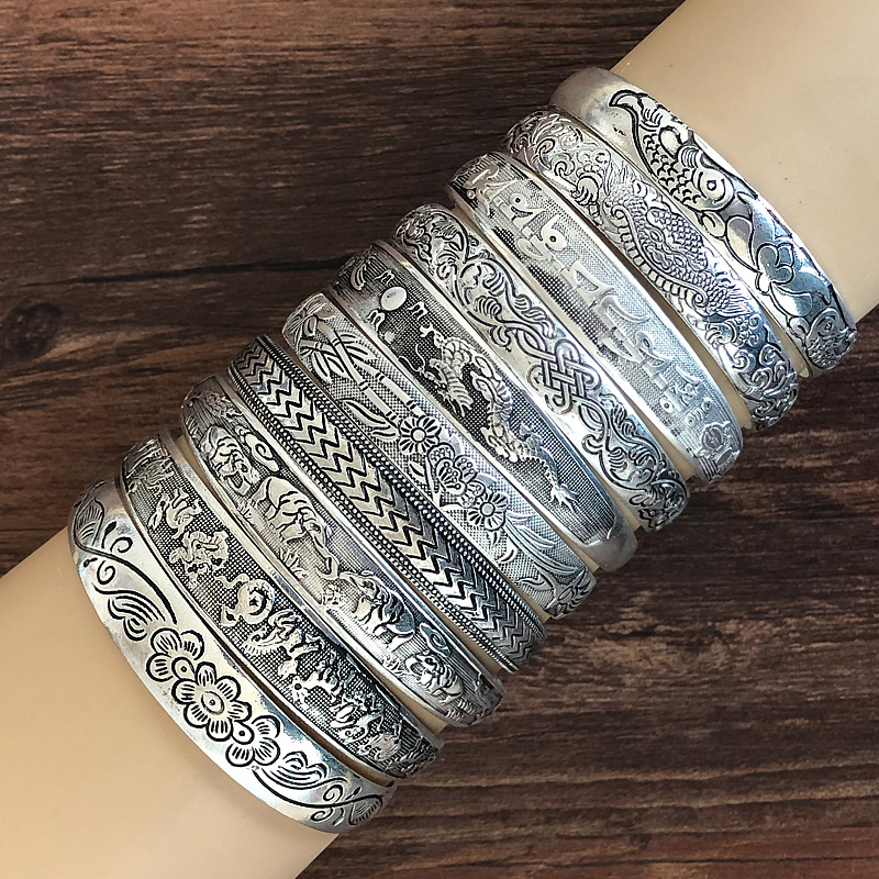 Tibetan Silver Bracelet Miao Silver Jewelry Vintage Engraving Open Women&#039;s Bracelet Carving Dragon and Phoenix Stall Wholesale Supply Ethnic Style Jewelry