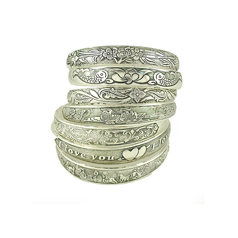 Tibetan Silver Bracelet Miao Silver Jewelry Vintage Engraving Open Women&#039;s Bracelet Carving Dragon and Phoenix Stall Wholesale Supply Ethnic Style Jewelry