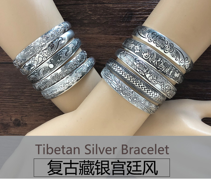 Tibetan Silver Bracelet Miao Silver Jewelry Vintage Engraving Open Women's Bracelet Carving Dragon and Phoenix Stall Wholesale Supply Ethnic Style Jewelry