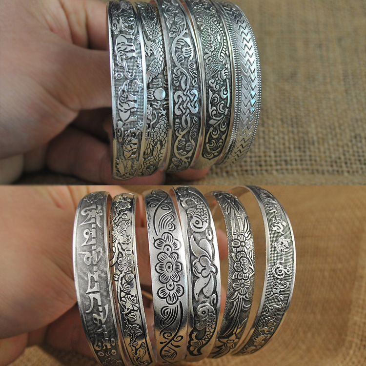 Tibetan Silver Bracelet Miao Silver Jewelry Vintage Engraving Open Women's Bracelet Carving Dragon and Phoenix Stall Wholesale Supply Ethnic Style Jewelry