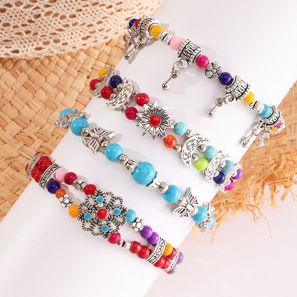 Bz1499 Nylon Beads Vintage Ethnic Style Antique Silver Butterfly Plum Bracelet Creative Handmade Beads Turquoise Bracelet for Women