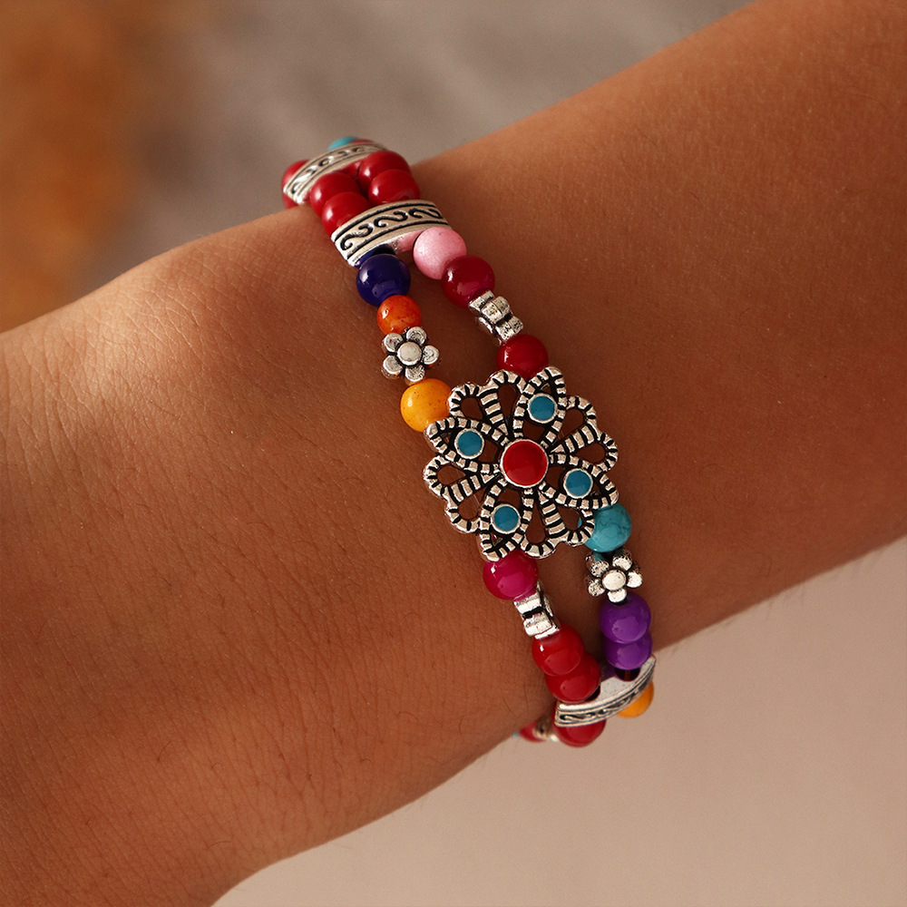 Bz1499 Nylon Beads Vintage Ethnic Style Antique Silver Butterfly Plum Bracelet Creative Handmade Beads Turquoise Bracelet for Women