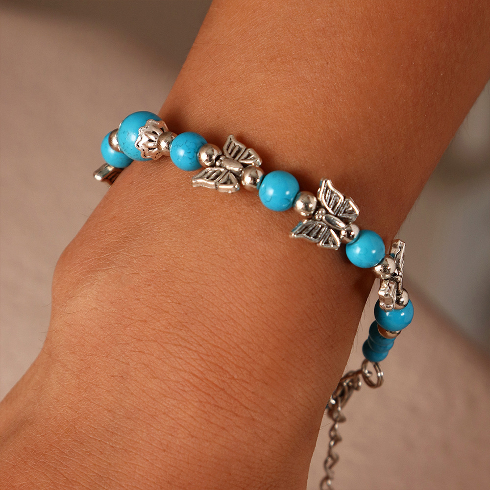 Bz1499 Nylon Beads Vintage Ethnic Style Antique Silver Butterfly Plum Bracelet Creative Handmade Beads Turquoise Bracelet for Women