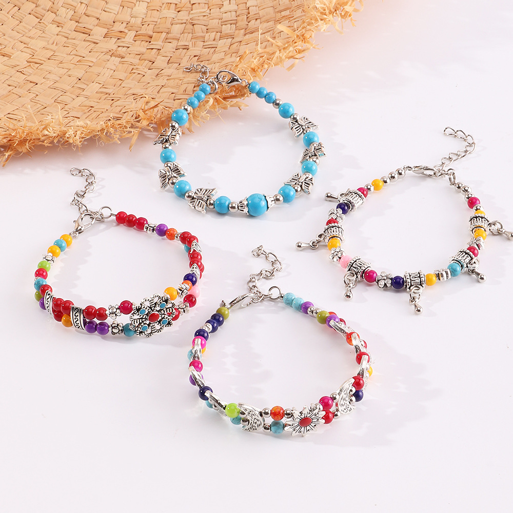 Bz1499 Nylon Beads Vintage Ethnic Style Antique Silver Butterfly Plum Bracelet Creative Handmade Beads Turquoise Bracelet for Women