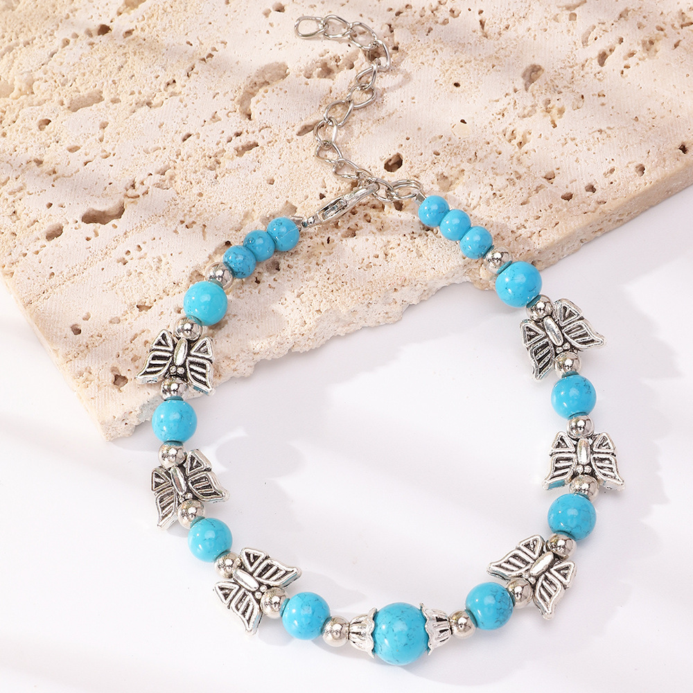 Bz1499 Nylon Beads Vintage Ethnic Style Antique Silver Butterfly Plum Bracelet Creative Handmade Beads Turquoise Bracelet for Women