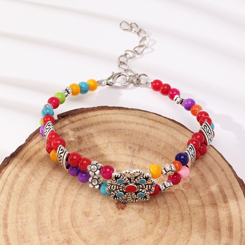 Bz1499 Nylon Beads Vintage Ethnic Style Antique Silver Butterfly Plum Bracelet Creative Handmade Beads Turquoise Bracelet for Women