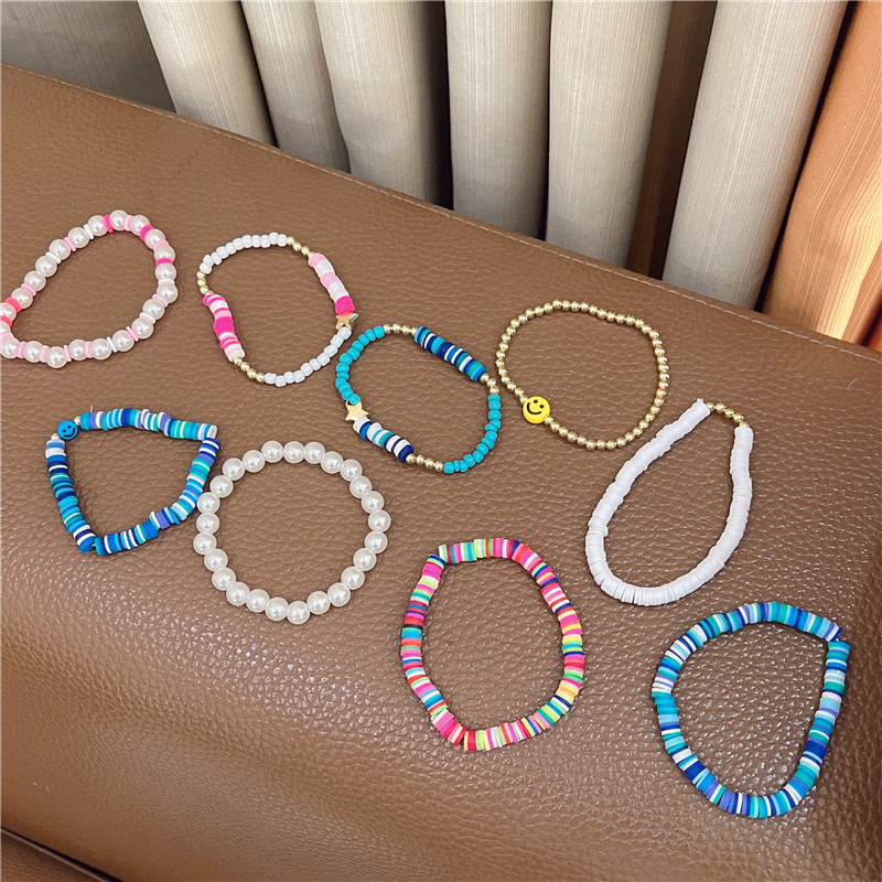 New Ethnic Style Polymer Clay Smiley Bracelet Japanese and Korean Colorful Polymer Clay Retro Elegant Pearl Polymer Clay Bracelet Bracelet L