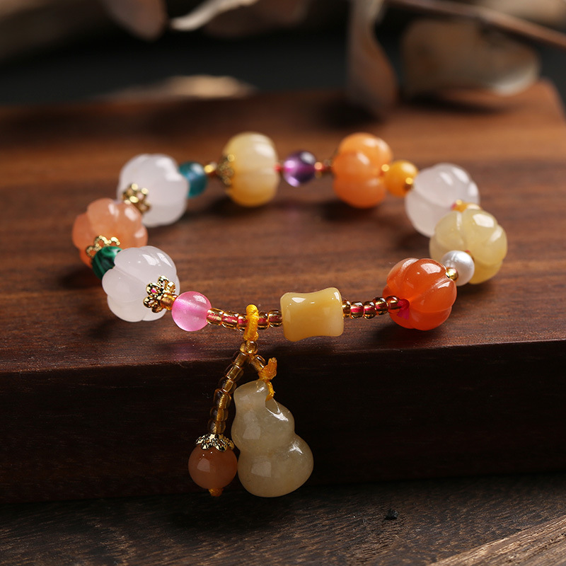 Qiyi Natural Xinjiang Jinsi Jade Bracelet Couple Ethnic Style Pumpkin Beads Bamboo Hanging Gourd Topaz Bracelet