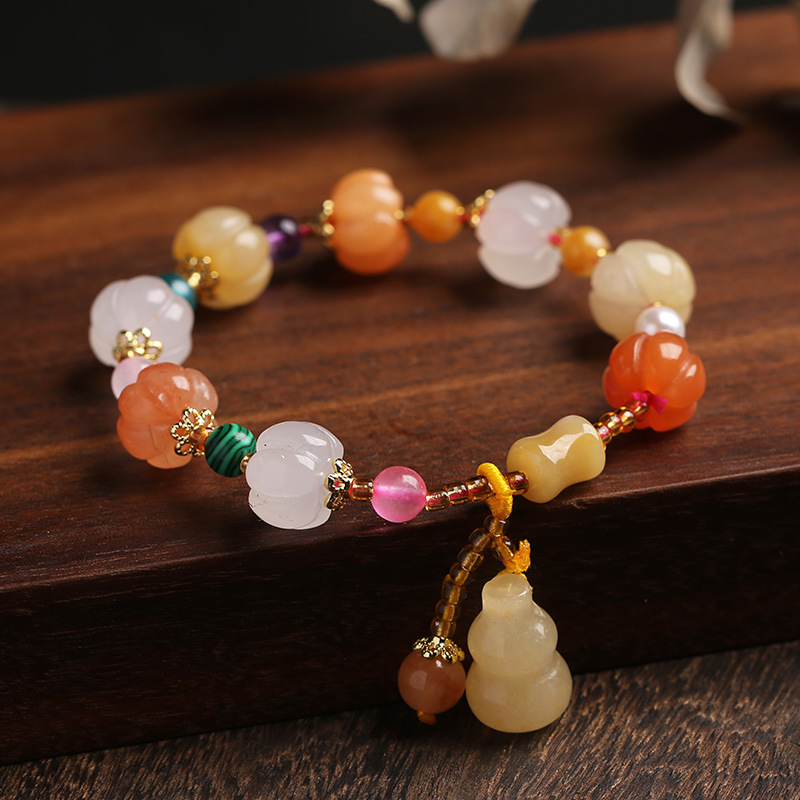 Qiyi Natural Xinjiang Jinsi Jade Bracelet Couple Ethnic Style Pumpkin Beads Bamboo Hanging Gourd Topaz Bracelet
