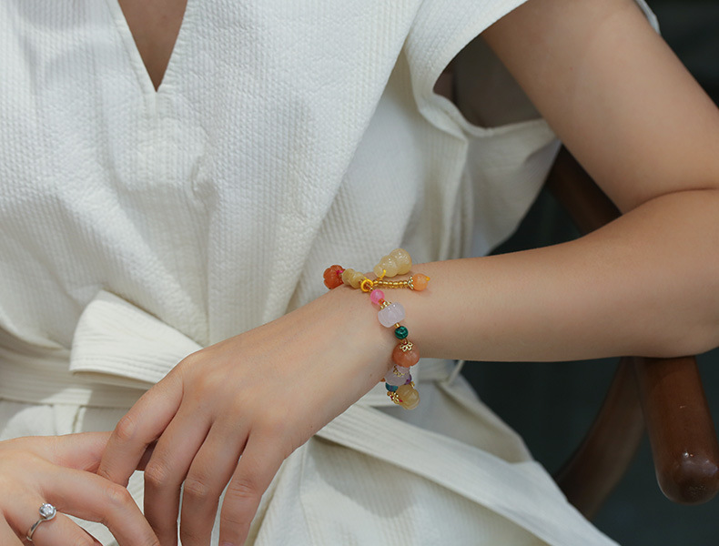 Qiyi Natural Xinjiang Jinsi Jade Bracelet Couple Ethnic Style Pumpkin Beads Bamboo Hanging Gourd Topaz Bracelet