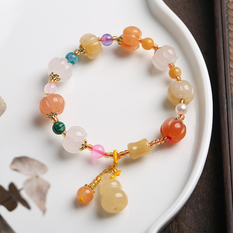 Qiyi Natural Xinjiang Jinsi Jade Bracelet Couple Ethnic Style Pumpkin Beads Bamboo Hanging Gourd Topaz Bracelet