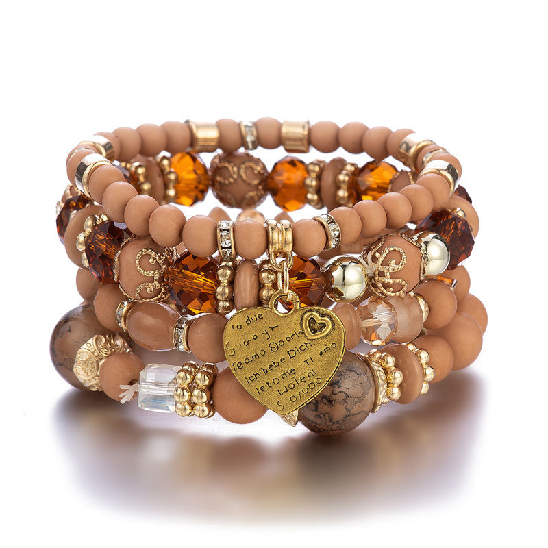 European and American Fashion Bohemian Ethnic Style Multi-Layer Bracelet Crystal Peach Heart Beaded Ladies Hand Jewelry Wholesale