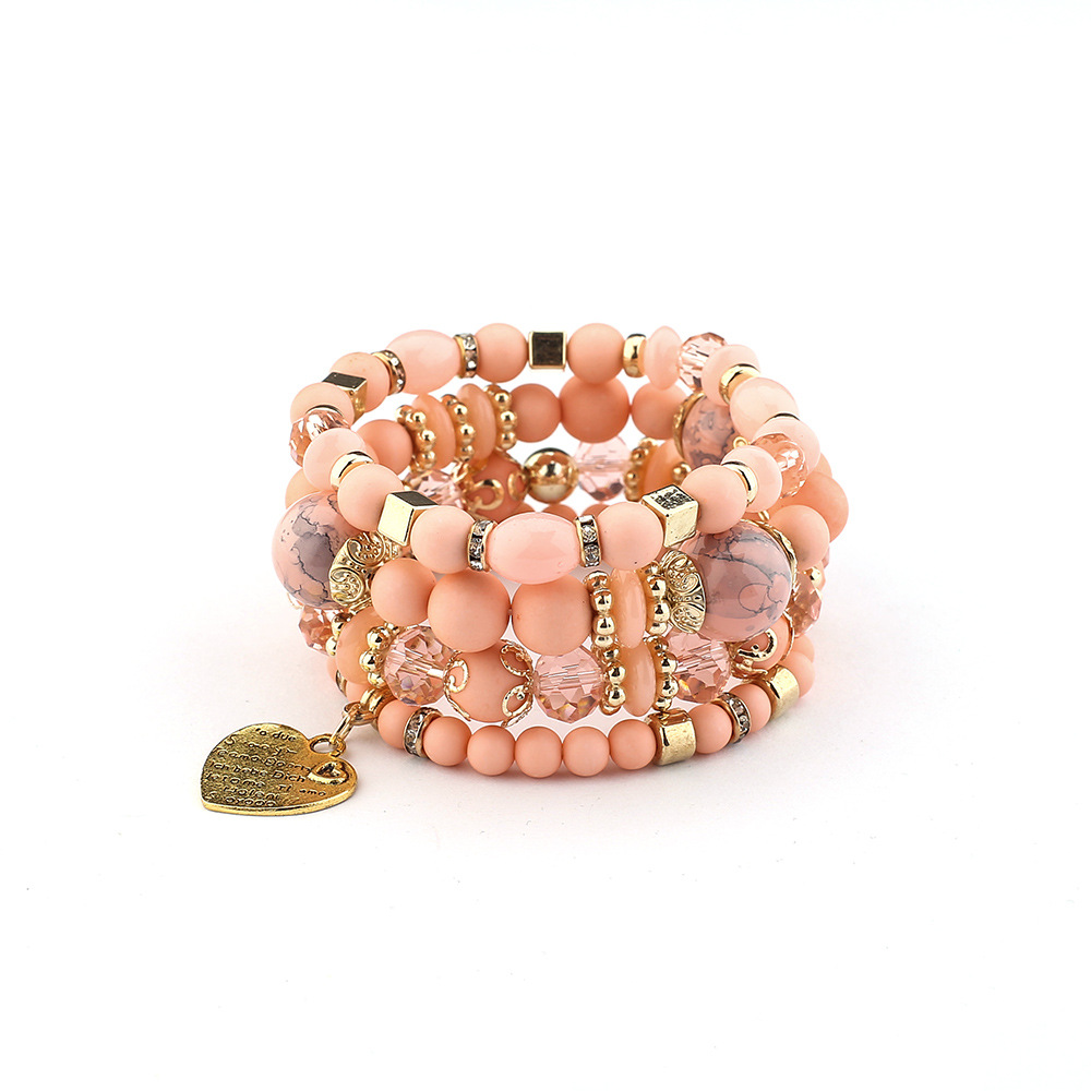 European and American Fashion Bohemian Ethnic Style Multi-Layer Bracelet Crystal Peach Heart Beaded Ladies Hand Jewelry Wholesale