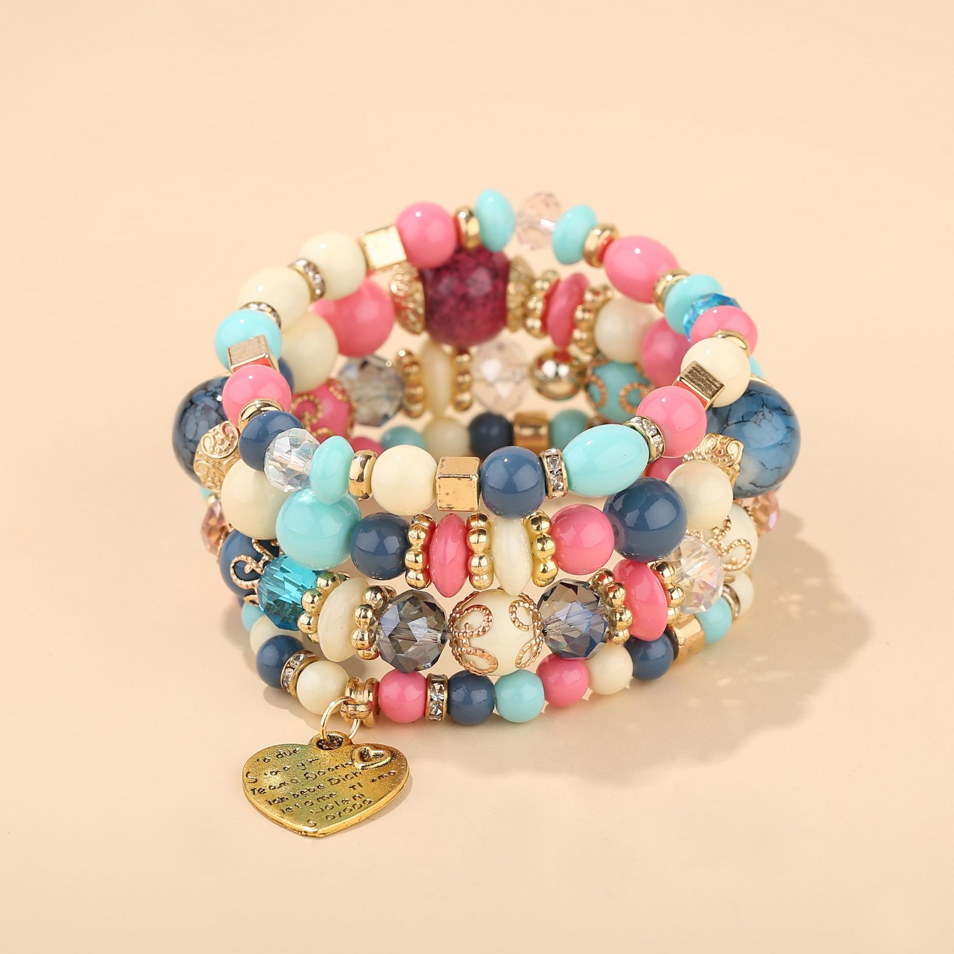 European and American Fashion Bohemian Ethnic Style Multi-Layer Bracelet Crystal Peach Heart Beaded Ladies Hand Jewelry Wholesale