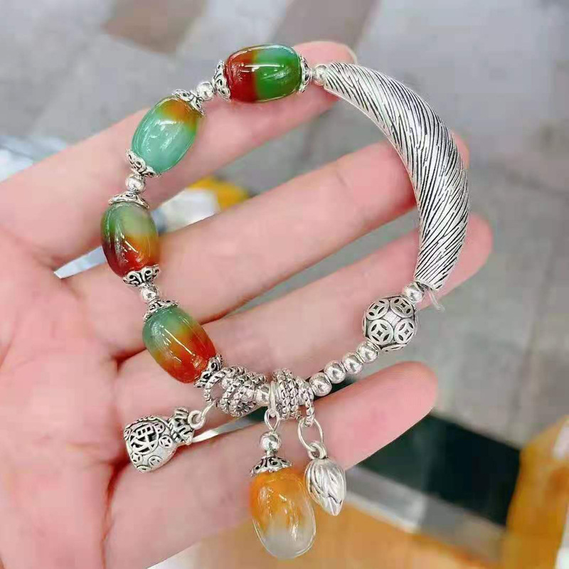 Tiktok Fast Hand Delivery Fashion Miao Silver Agate Crystal Bracelet Ethnic Style Matte Silver Scenic Spot Purse Lotus Ornament