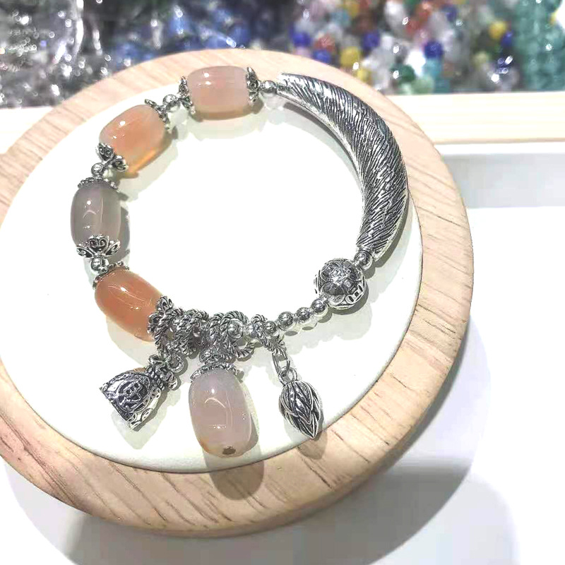 Tiktok Fast Hand Delivery Fashion Miao Silver Agate Crystal Bracelet Ethnic Style Matte Silver Scenic Spot Purse Lotus Ornament