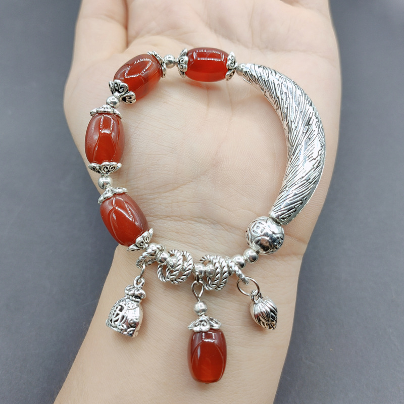 Tiktok Fast Hand Delivery Fashion Miao Silver Agate Crystal Bracelet Ethnic Style Matte Silver Scenic Spot Purse Lotus Ornament