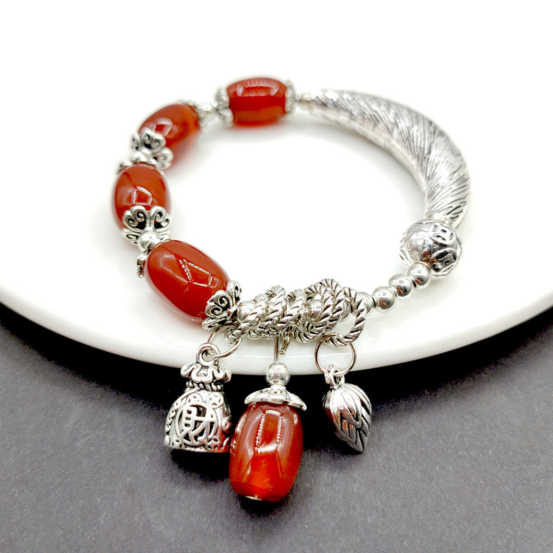 Tiktok Fast Hand Delivery Fashion Miao Silver Agate Crystal Bracelet Ethnic Style Matte Silver Scenic Spot Purse Lotus Ornament