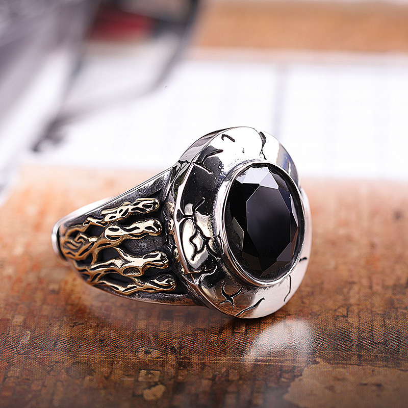 YY Silver Manufacturers Direct Sales S925 Silver Accessories Bracelet Black Agate Personality Retro Men&#039;s Ring