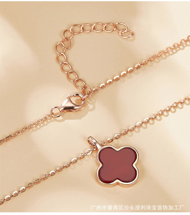 Clover Necklace Female S925 Silver Rose Gold Black Agate Pendant Internet Hot Elegant Accessories Clavicle Chain Korean Style