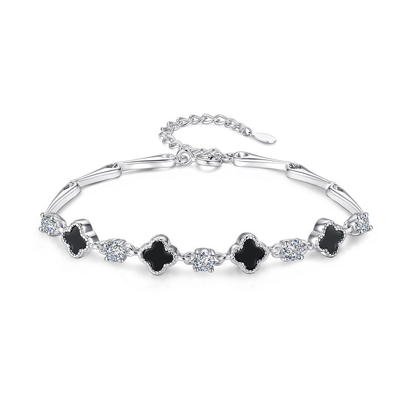 Black Agate Four-Leaf S925 Sterling Silver Bracelet Grass Source Factory Direct Sales Authentic High Quality Matching National Inspection Certificate