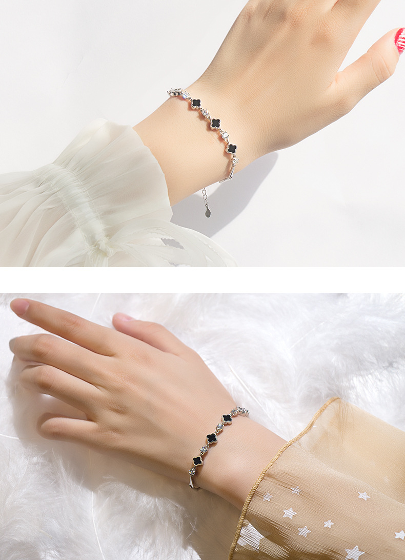 Black Agate Four-Leaf S925 Sterling Silver Bracelet Grass Source Factory Direct Sales Authentic High Quality Matching National Inspection Certificate Black Agate Four-Leaf S925 Sterling Silver Bracelet Grass Source Factory Direct Sales Authentic High Quality Matching National Inspection Certificate